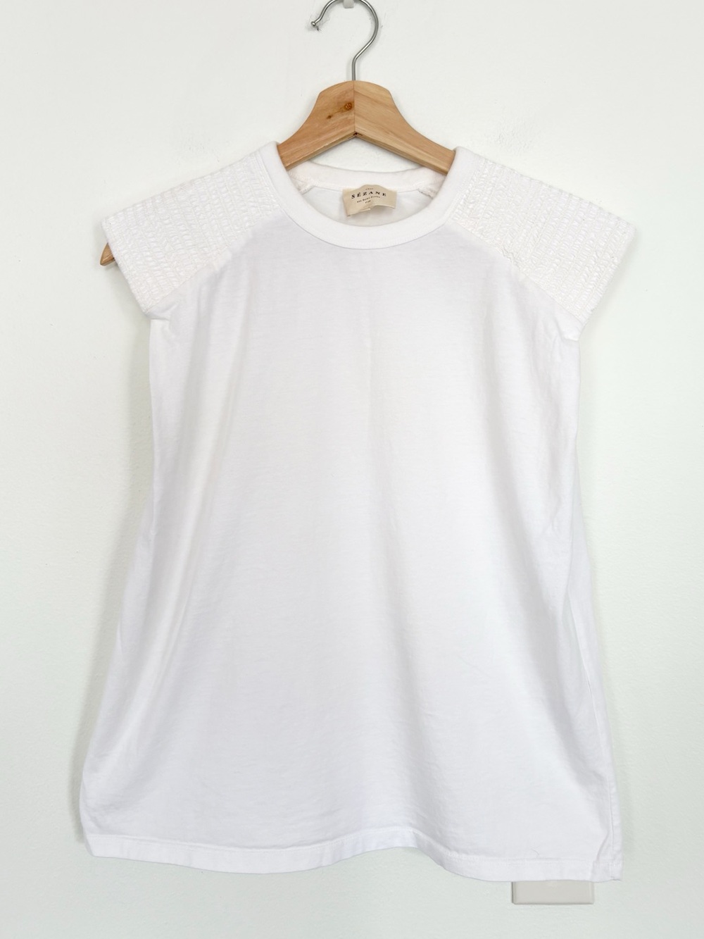 Sezane || Robin Smocked Shoulder Cap Sleeve Muscle T-Shirt Tank White Small